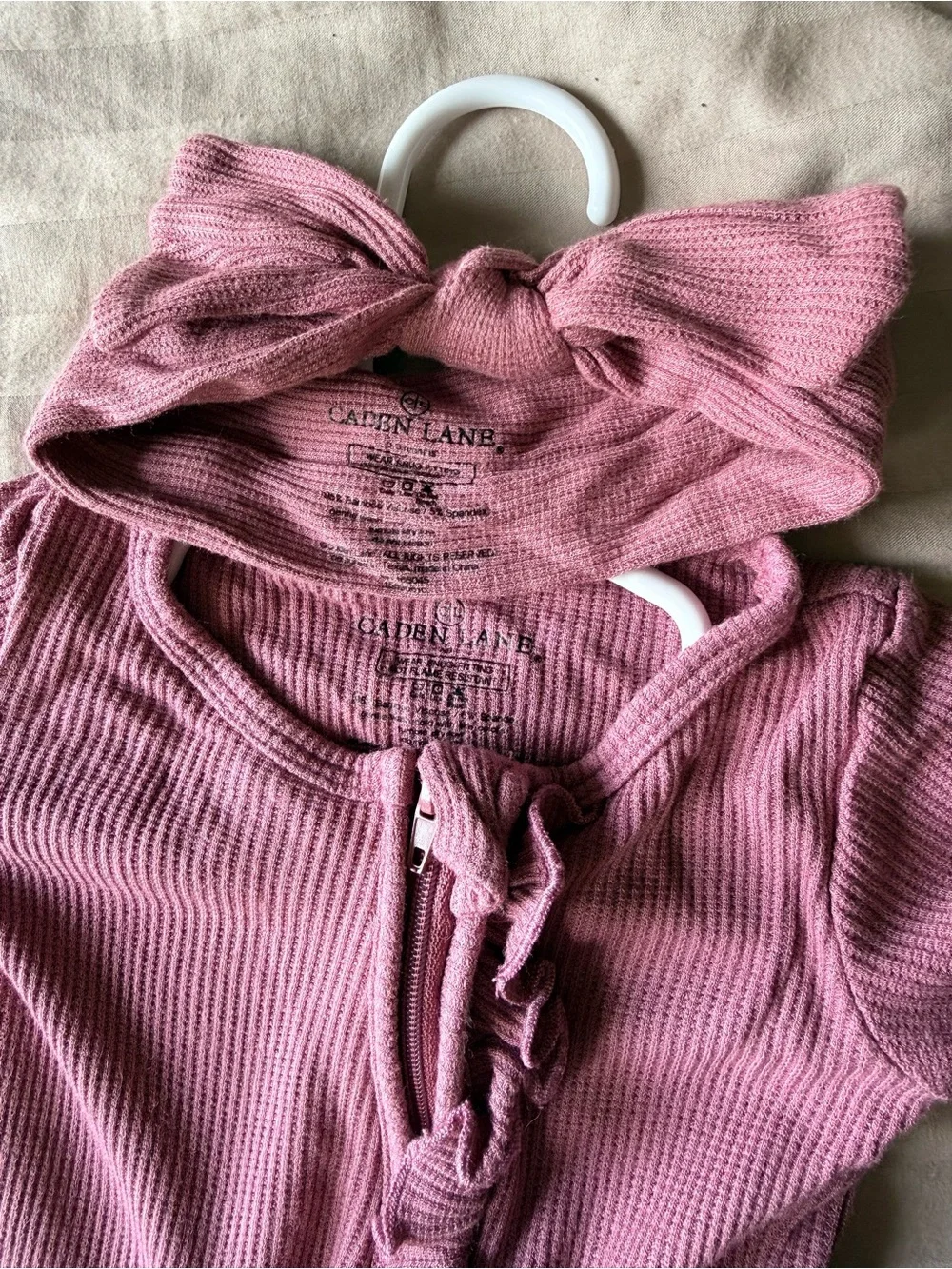 Caden Lane Ribbed Ruffle One-Piece Footed with Bow - Mauve Pink